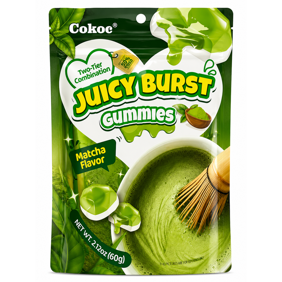 Cokoc Juicy Burst Gummies Matcha – Jeleuri cu Umplutură Lichidă, Aromă de Matcha 60g