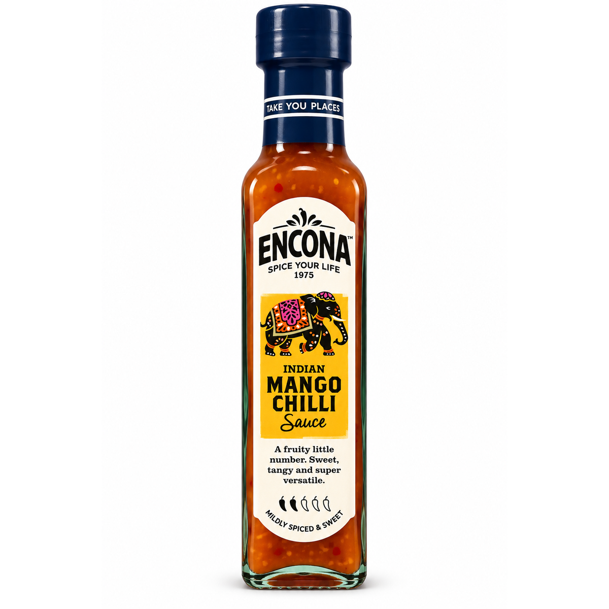 Encona Indian Mango Chilli Sauce 142 ml – sos cu mango și chili, pe fundal alb
