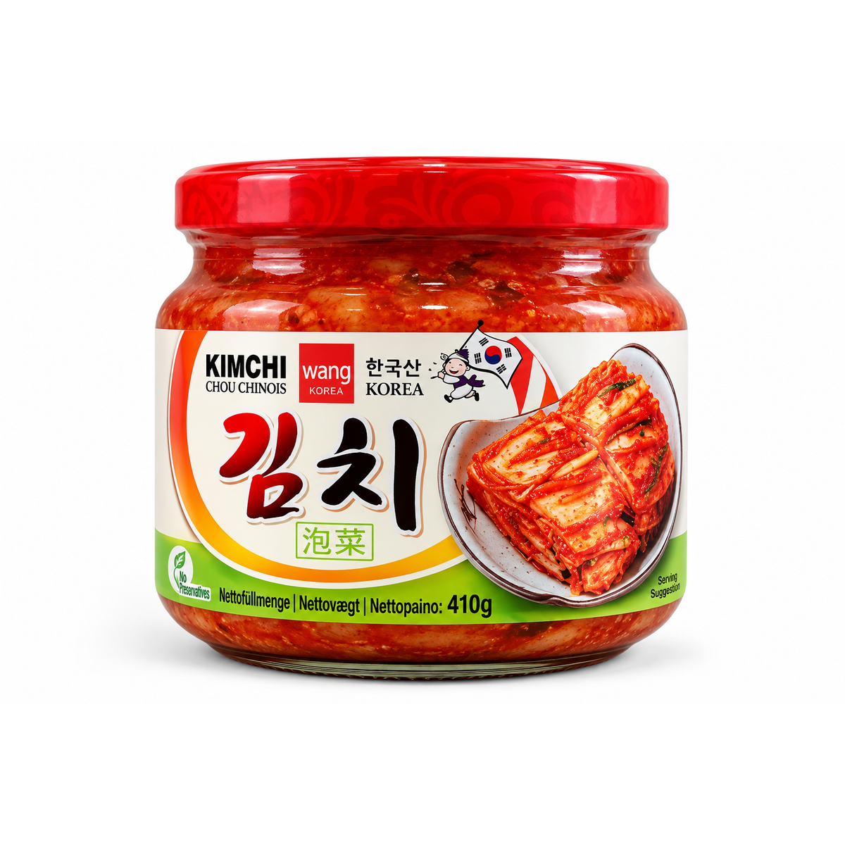 Wang Korea Kimchi 410 g – varză chinezească fermentată picantă, borcan pe fundal alb