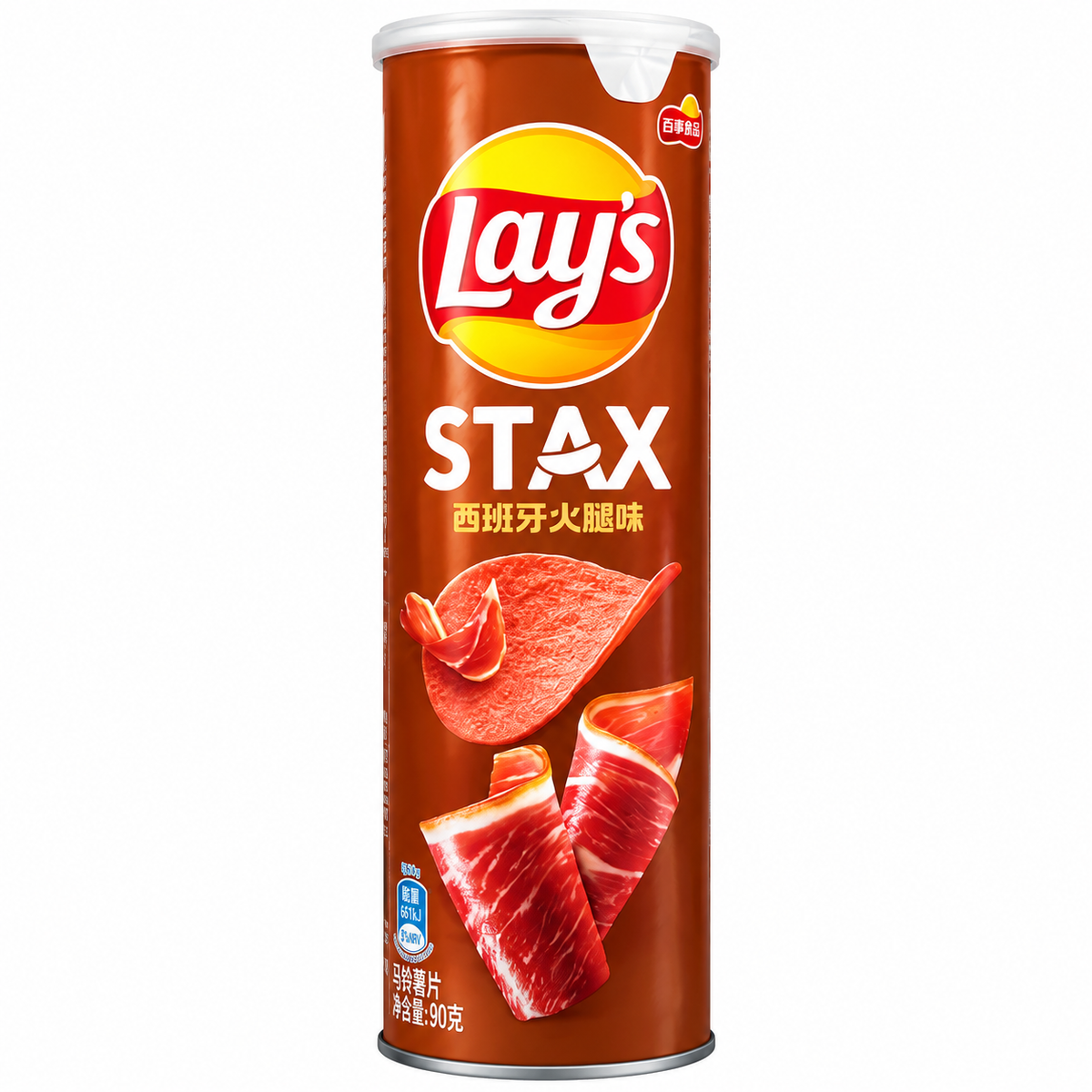 Lay’s Stax cu aromă de șuncă spaniolă 90 g, tub cilindric pe fundal alb
