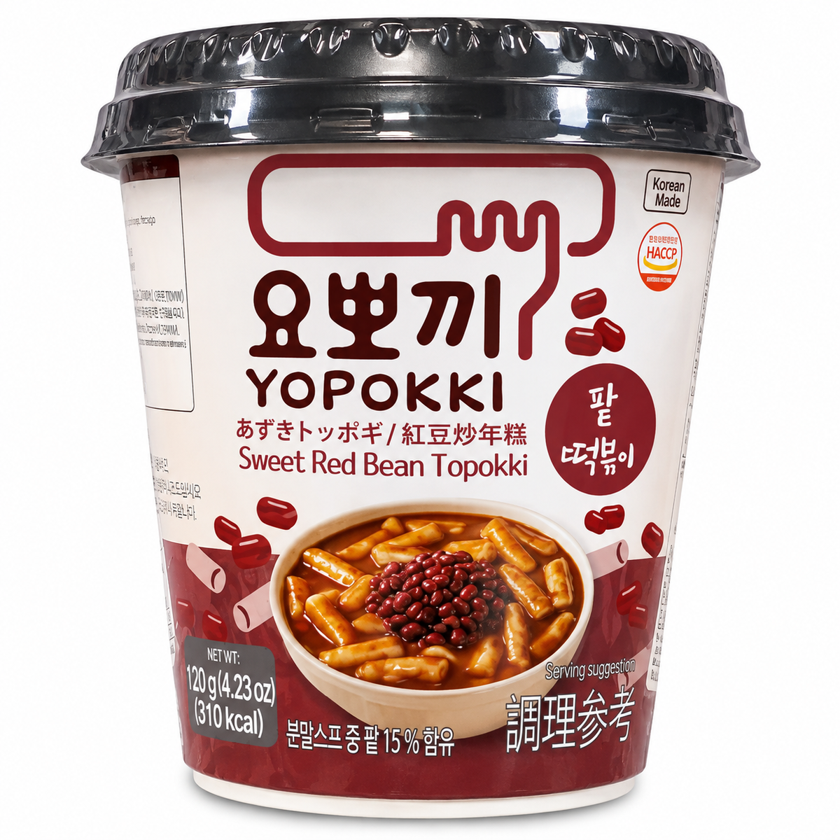 Yopokki Sweet Red Bean Topokki 120 g, pahar pe fundal alb