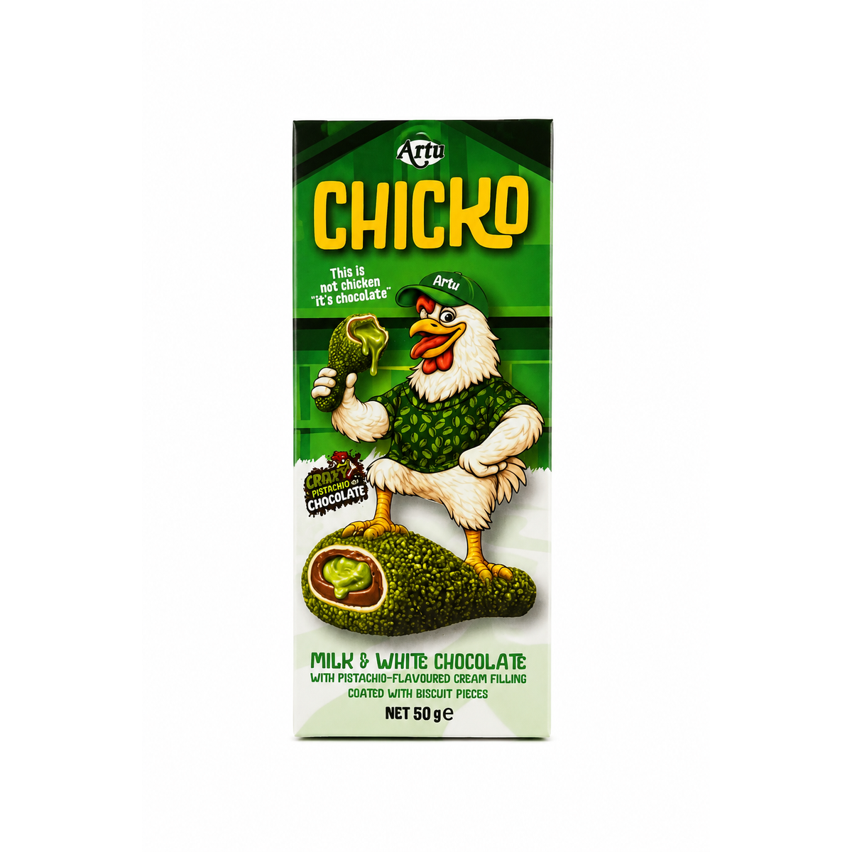 Artu Chicko Crazy Pistachio Chocolate – Ciocolată cu cremă de fistic și biscuiți 50 g