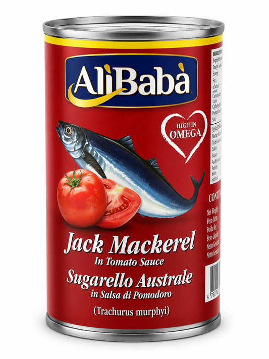 AliBaba Jack Mackerel în Sos de Roșii 425g – Macrou Jack Conservat în Sos de Tomate