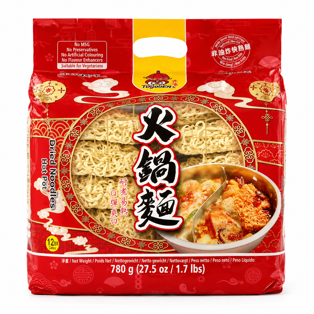 Togogen Tăiței Uscați pentru Hot Pot 780g (12 Porții) – Dried Noodles pentru Fondue Chinezesc și Supe Asiatice