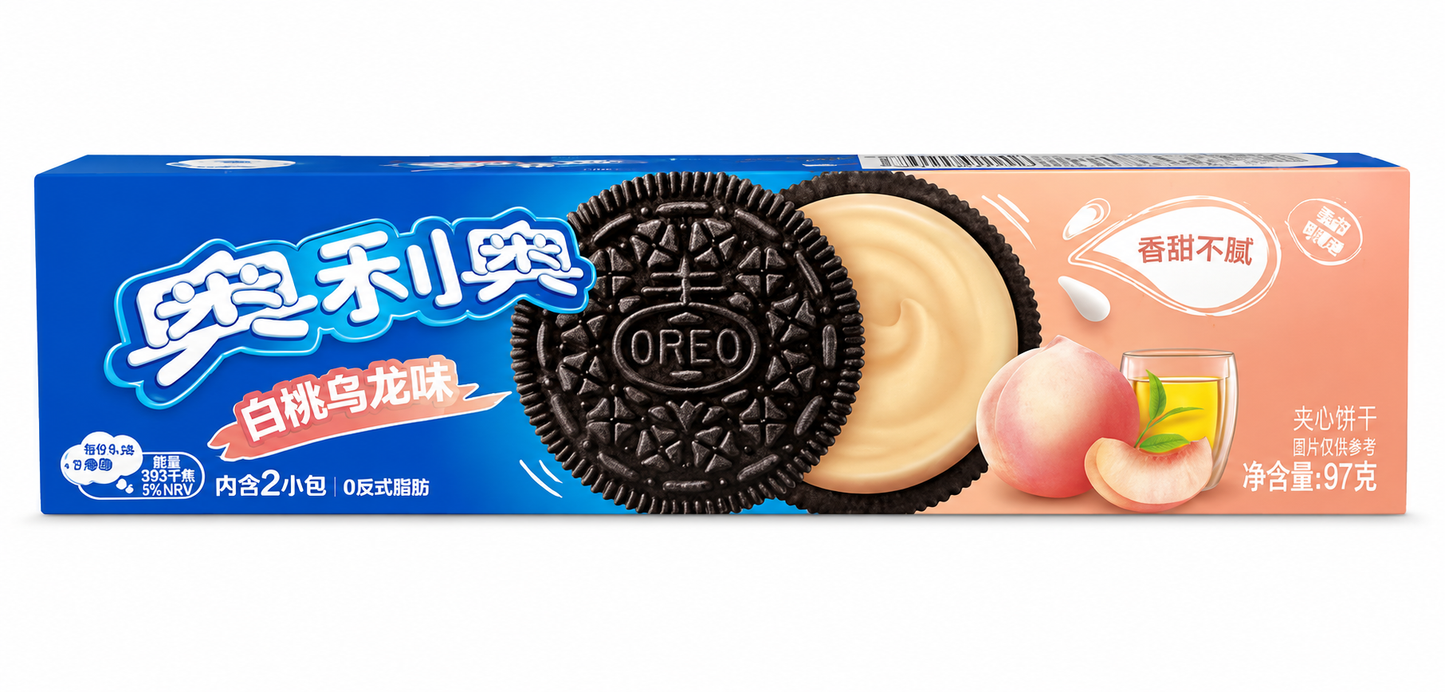 Oreo White Peach Oolong – Biscuiți Sandwich cu Cremă Aromă de Piersică Albă și Ceai Oolong 97g