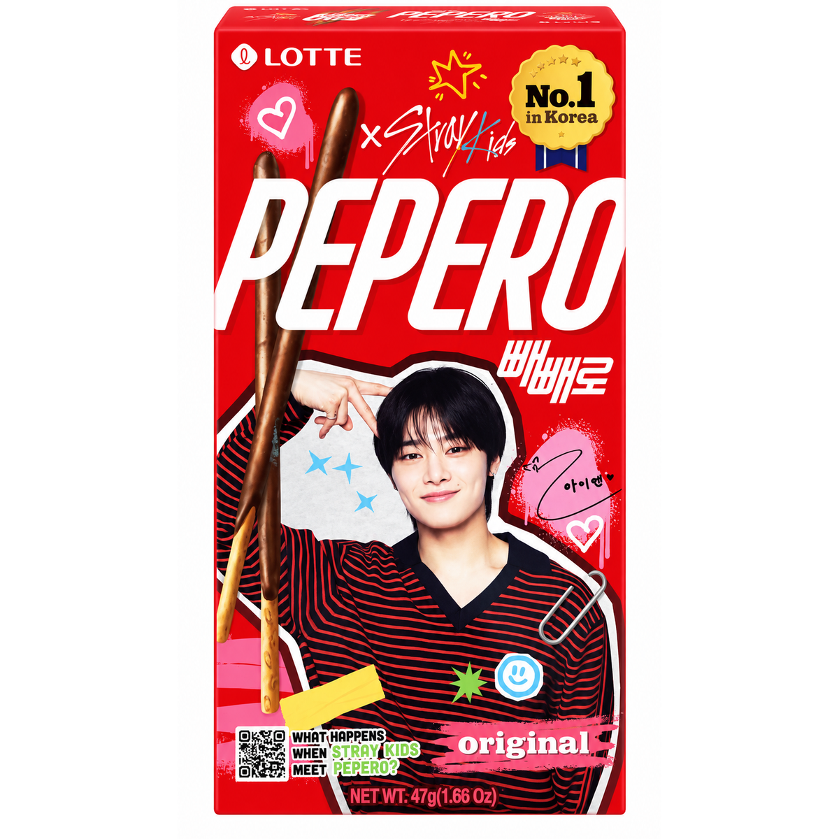 Lotte Pepero Original x Stray Kids 47 g, cutie roșie pe fundal alb