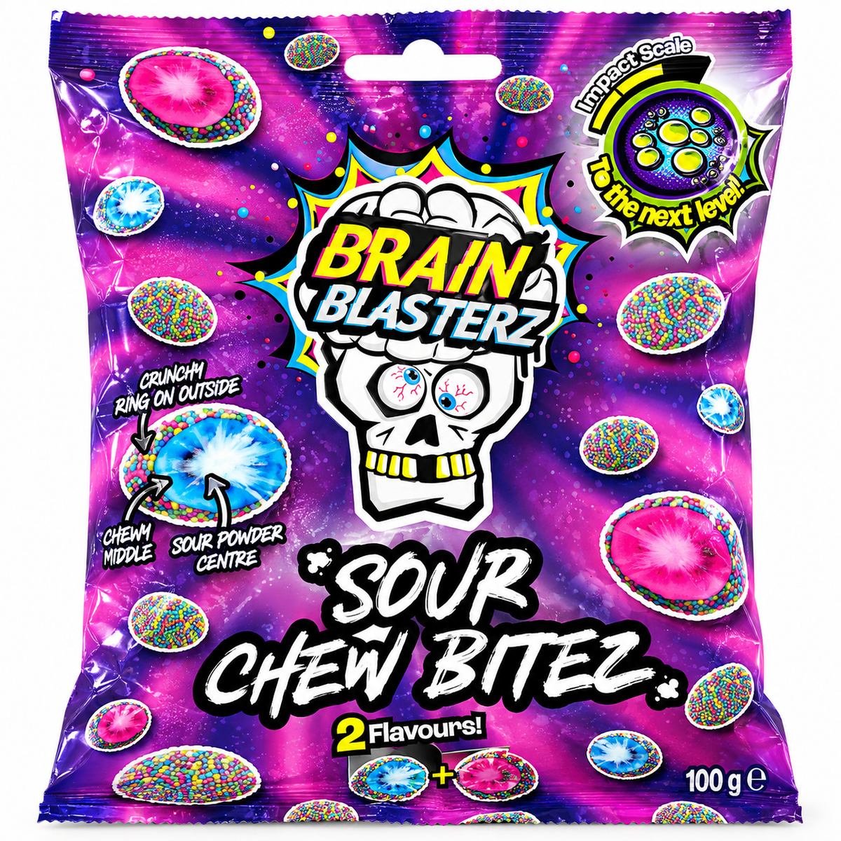 Brain Blasterz Sour Chew Bitez 100 g, ambalaj centrat pe fundal alb