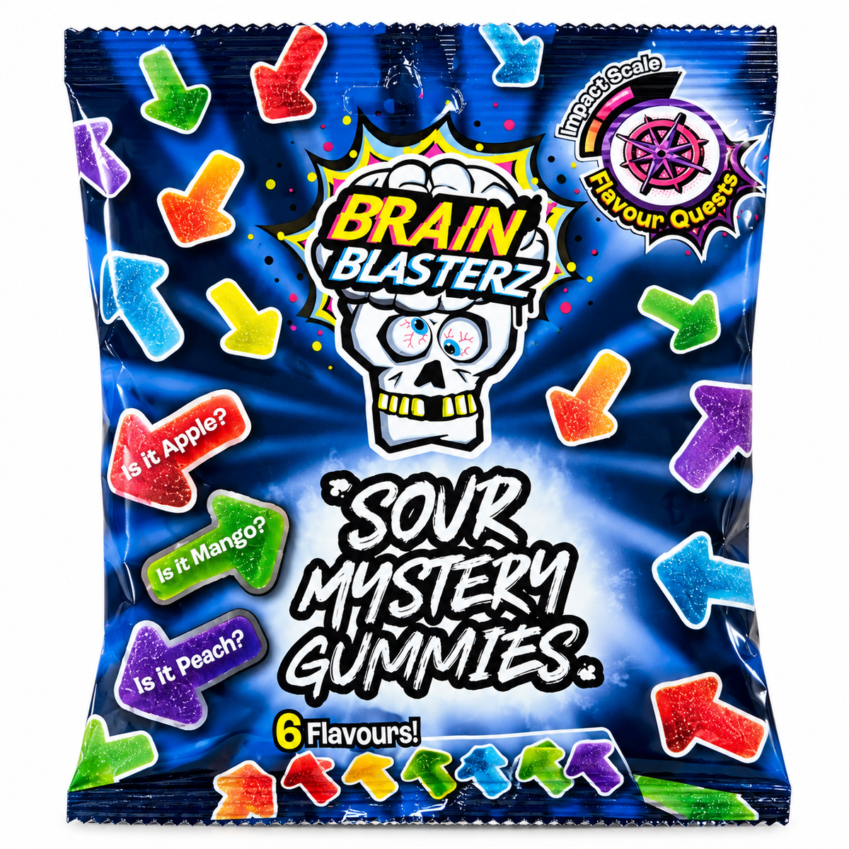 Brain Blasterz Sour Mystery Gummies, ambalaj original pe fundal alb