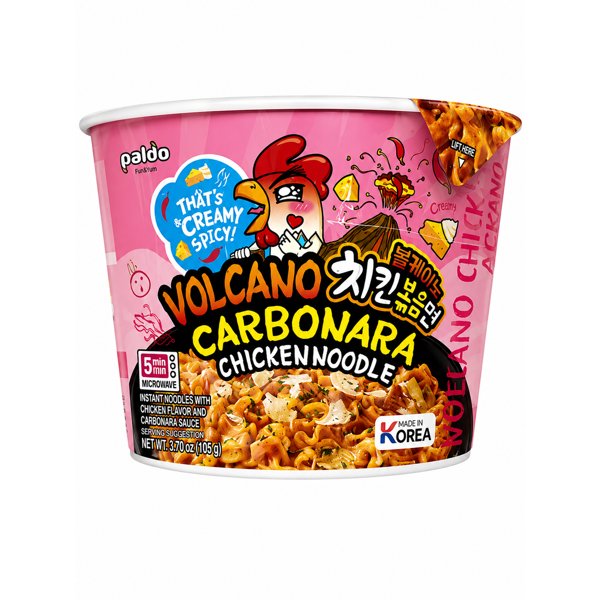 Paldo Volcano Carbonara Chicken Noodle – Ramen Coreean Picant și Cremos 105g