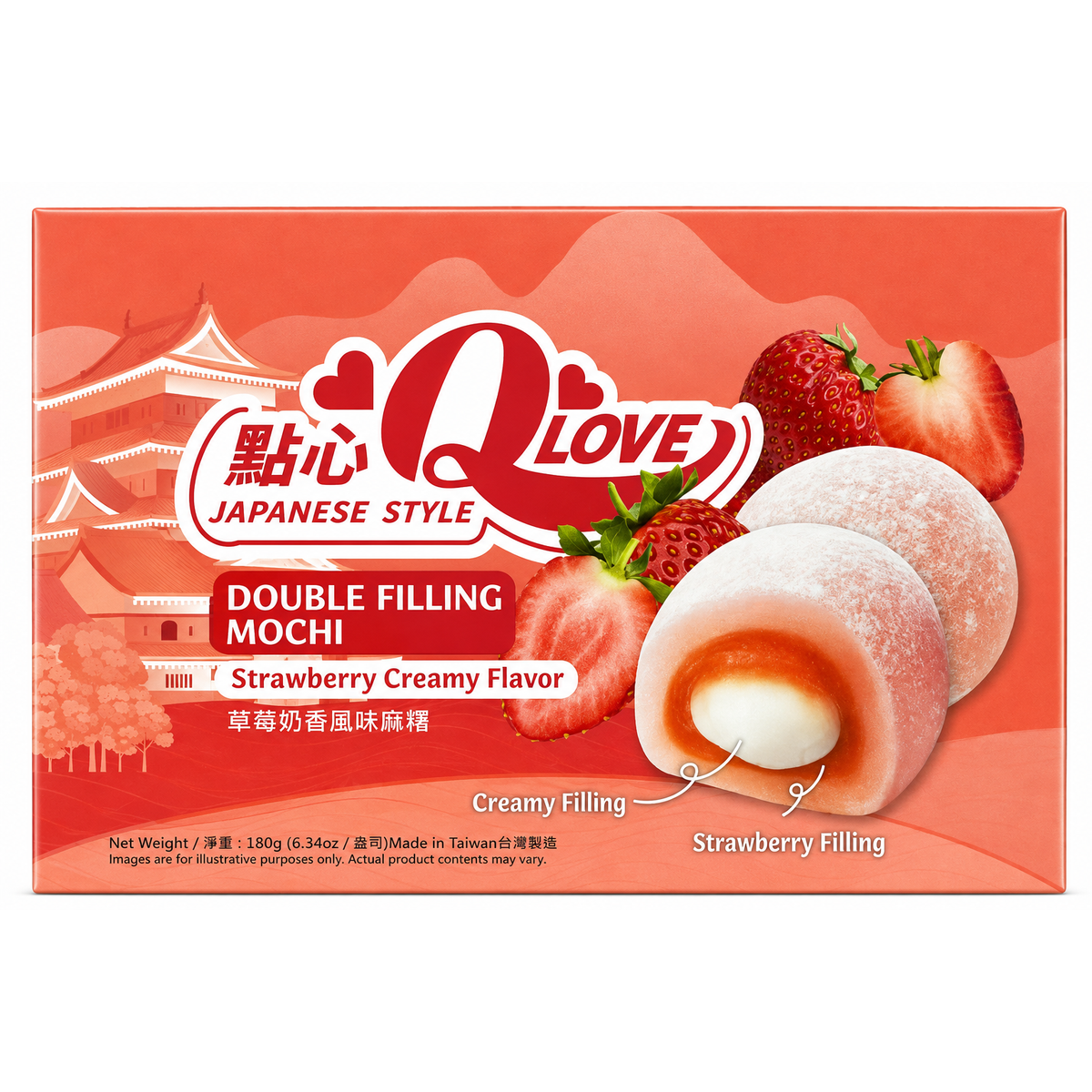 Q Love Mochi cu Căpșuni și Cremă – Umplutură Dublă – 180 g