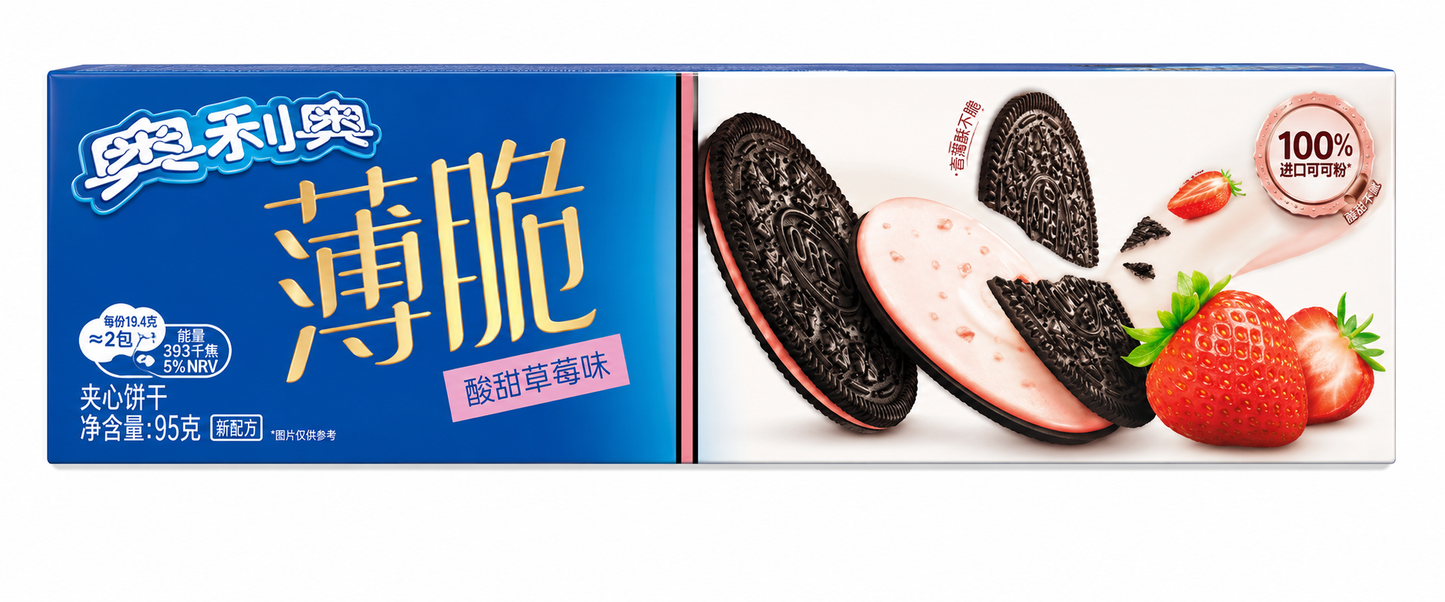 Oreo Thin Strawberry Cream – Biscuiți Subțiri cu Cremă de Căpșuni 95 g
