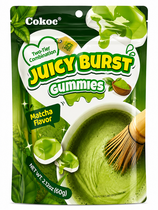 Cokoc Juicy Burst Gummies Matcha – Jeleuri cu Umplutură Lichidă, Aromă de Matcha 60g