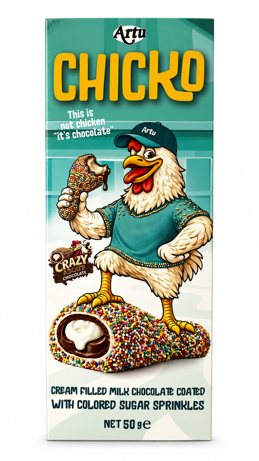 Artu Chicko 50g – Baton de Ciocolată cu Lapte, Umplutură de Cremă și Decor din Perle Colorate
