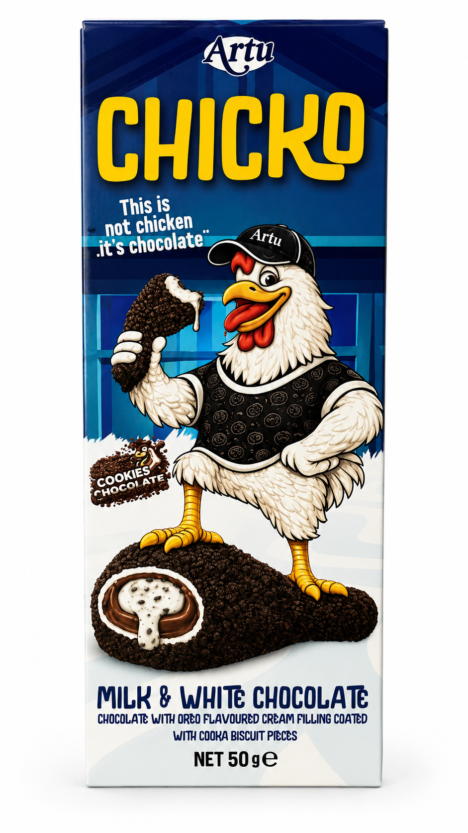 Artu Chicko Milk & White Chocolate Cookies 50g – Ciocolată cu cremă aromă Oreo și biscuiți crocanți