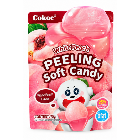 Cokoc Peeling Soft Candy White Peach 75 g, bomboane cu piersică albă pe fundal alb