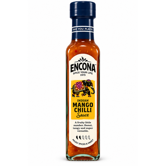 Encona Indian Mango Chilli Sauce 142 ml – sos cu mango și chili, pe fundal alb