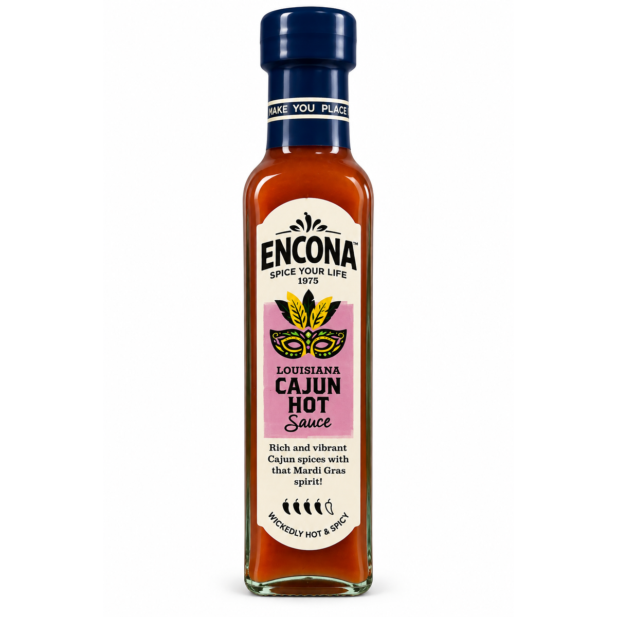 Encona Louisiana Cajun Hot Sauce 142 ml – sos picant Cajun, sticlă pe fundal alb