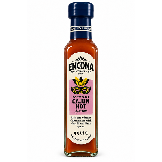 Encona Louisiana Cajun Hot Sauce 142 ml – sos picant Cajun, sticlă pe fundal alb