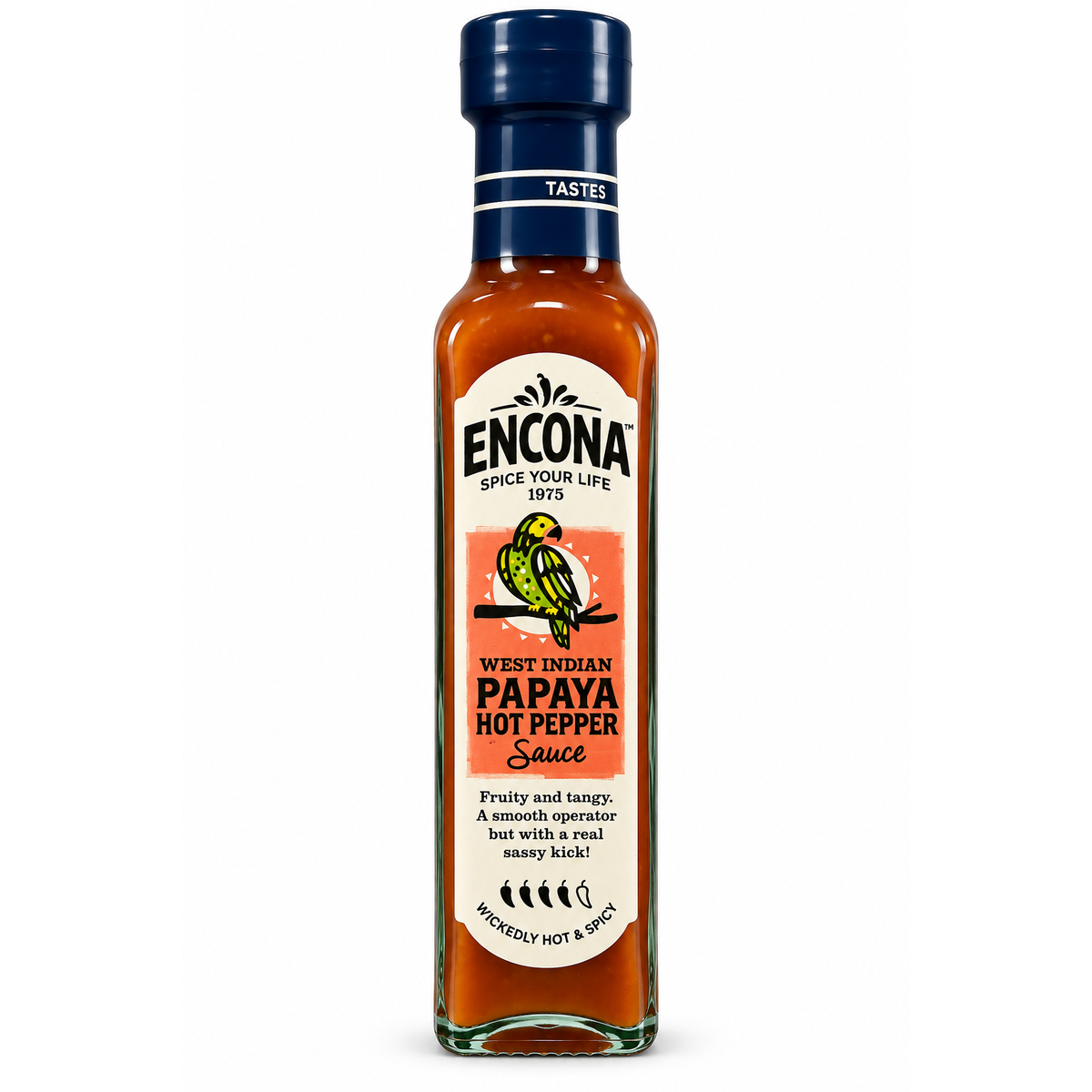 Encona West Indian Papaya Hot Pepper Sauce 142 ml – sos picant cu papaya, pe fundal alb