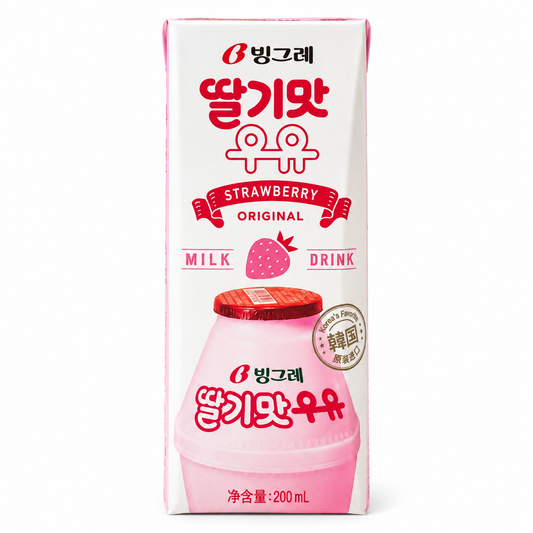 Binggrae Strawberry Milk Drink – lapte cu căpșuni 200 ml pe fundal alb
