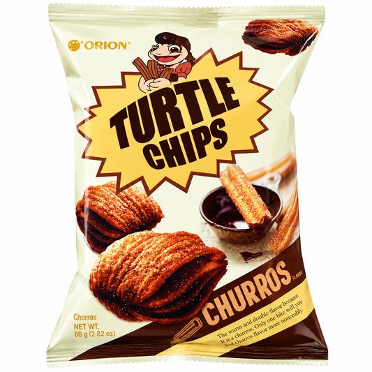 Orion Turtle Chips Churros 80 g, pungă pe fundal alb