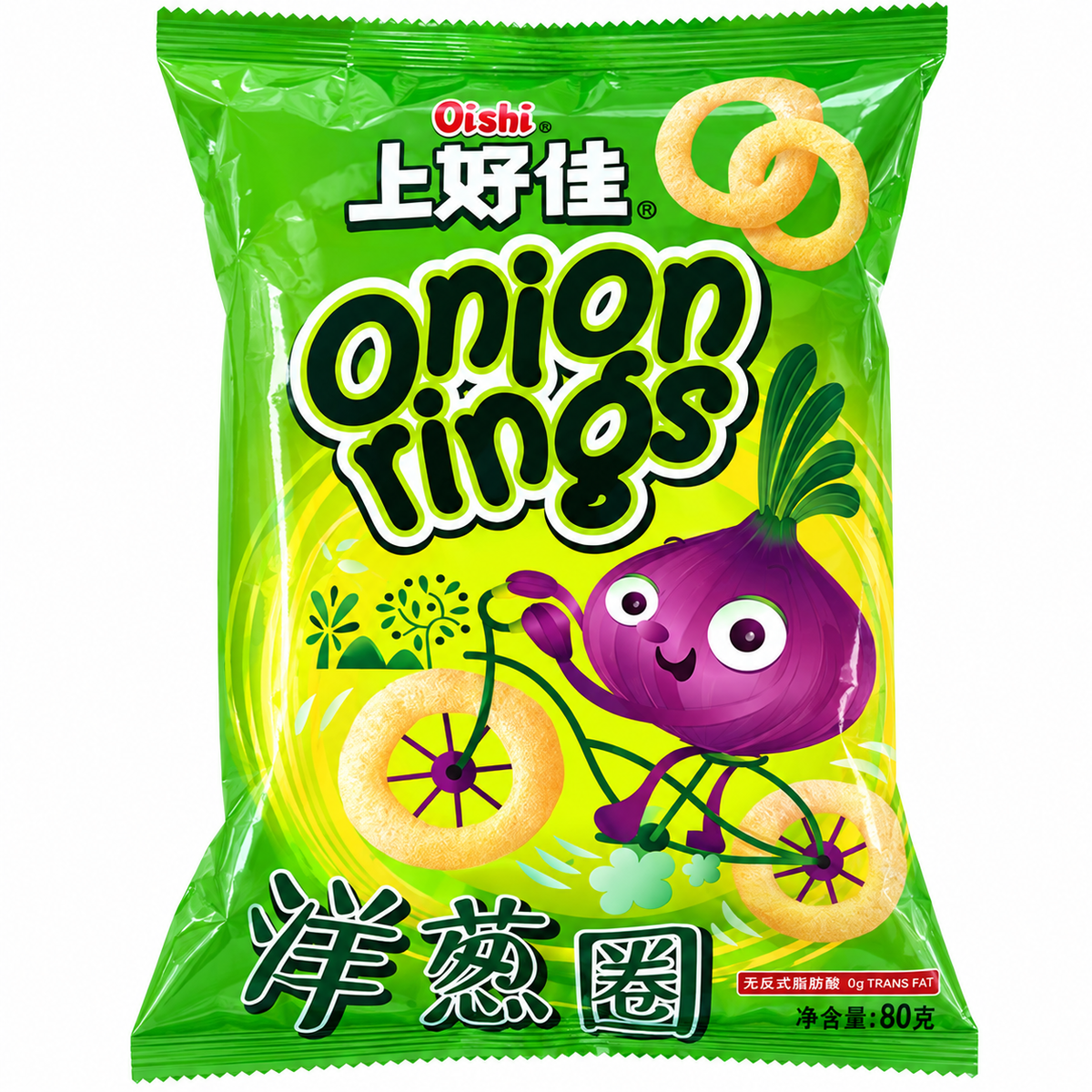 Oishi Onion Rings 80 g, pungă verde cu inele crocante cu aromă de ceapă, pe fundal alb