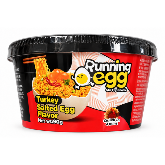 Running Egg Turkey Salted Egg 90 g – tăiței instant cu aromă de curcan și ou sărat, ambalaj roșu