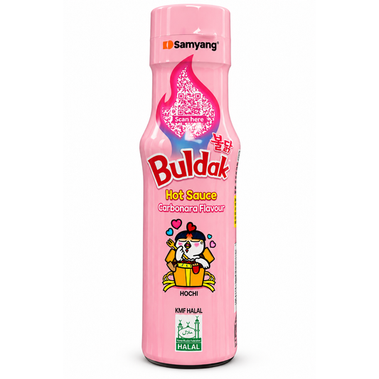 Samyang Buldak Hot Sauce Carbonara Flavour – sos coreean picant, sticlă roz