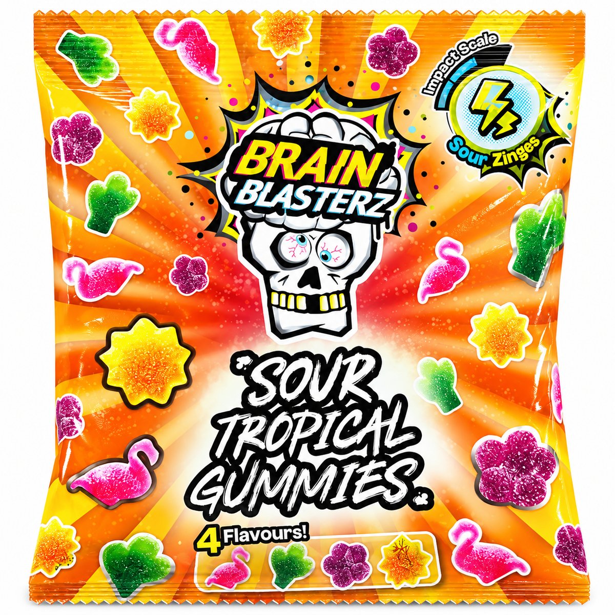 Brain Blasterz Sour Tropical Gummies, ambalaj original pe fundal alb
