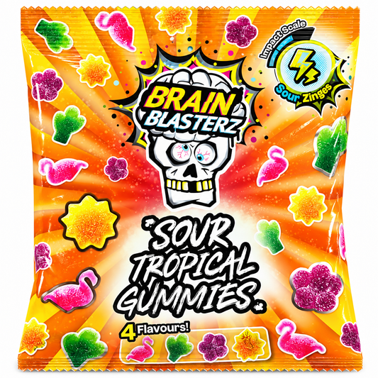 Brain Blasterz Sour Tropical Gummies, ambalaj original pe fundal alb