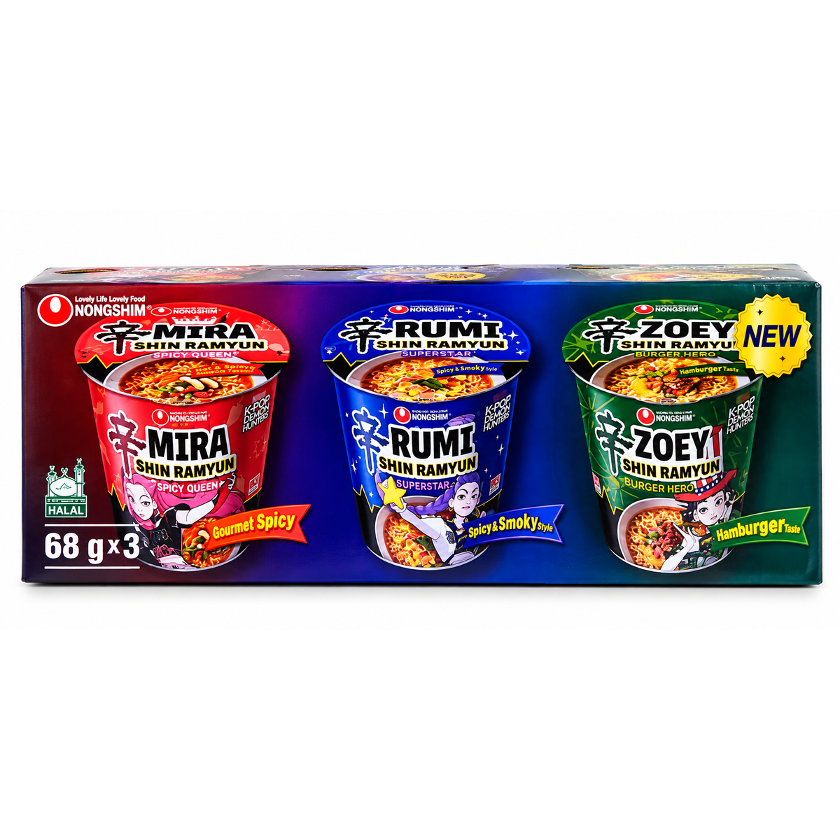 Nongshim Shin Ramyun K-Pop Demon Hunters – set 3 cupe MIRA, RUMI și ZOEY, 204 g