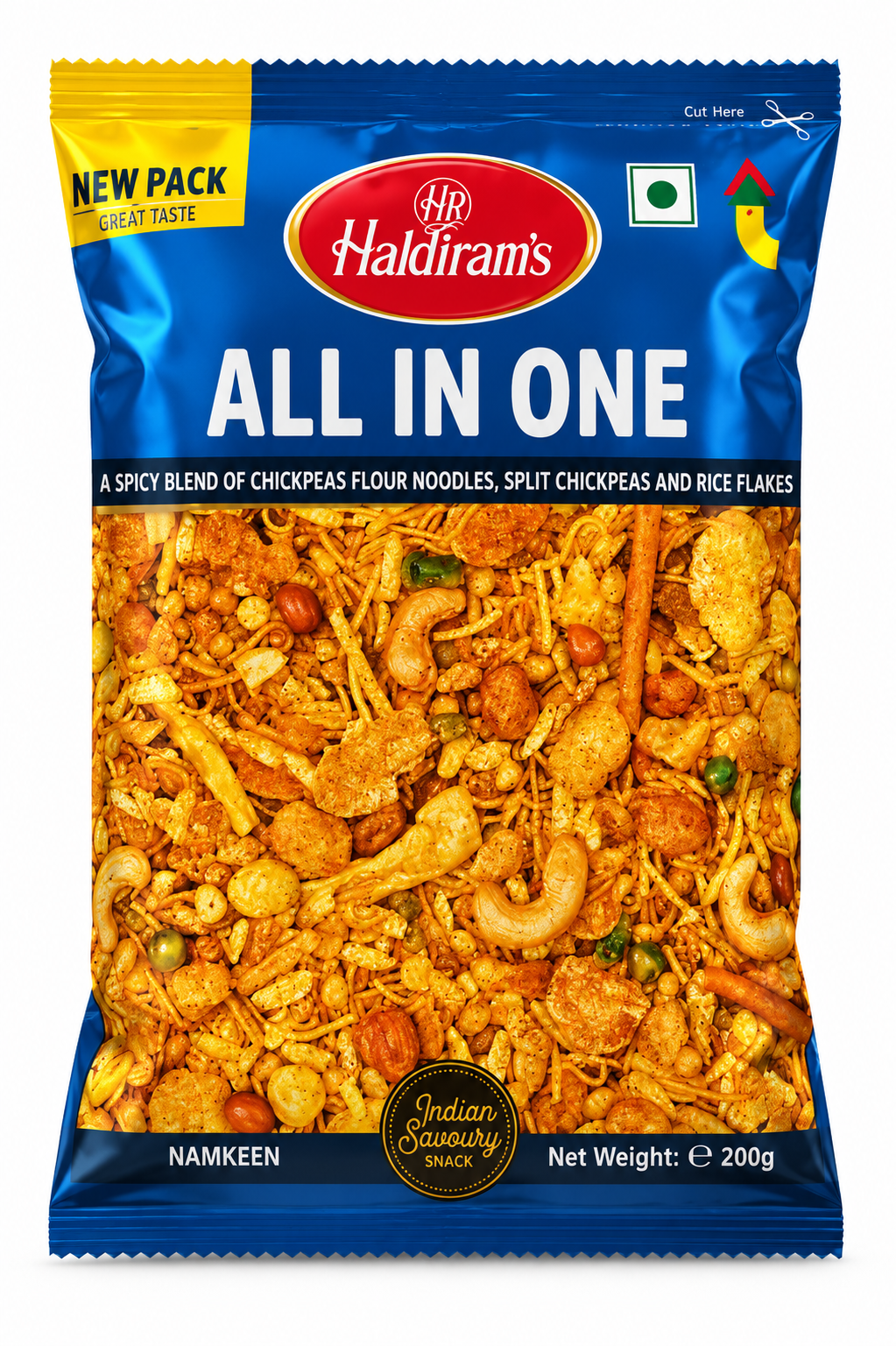 Haldiram's All In One 200g – Mix Crocant Indian cu Nuci, Sev și Fulgi de Orez