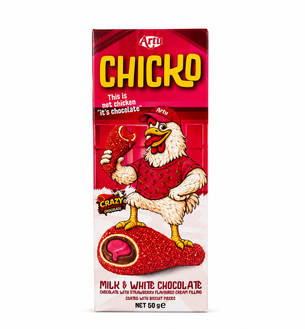 Artu Chicko Crazy Strawberry Chocolate – Ciocolată cu cremă de căpșuni și biscuiți 50 g